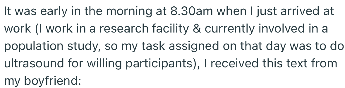 While at work, OP received an unexpected text from her boyfriend