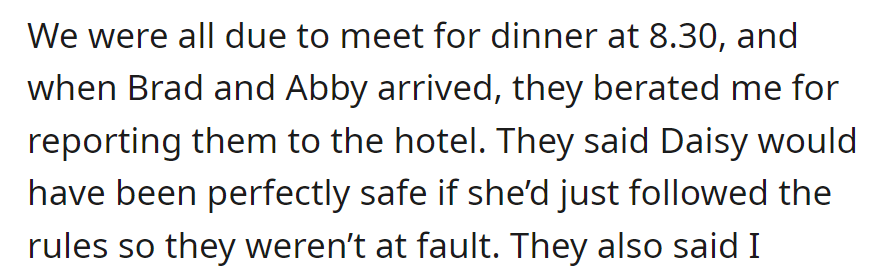 During dinner, Brad and Abby blamed OP for reporting them, insisting Daisy would be safe if she followed the rules, denying any fault.