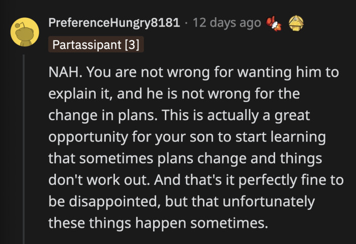 A commenter said no one really is at fault here and that OP can use this as a chance to teach his son an important lesson