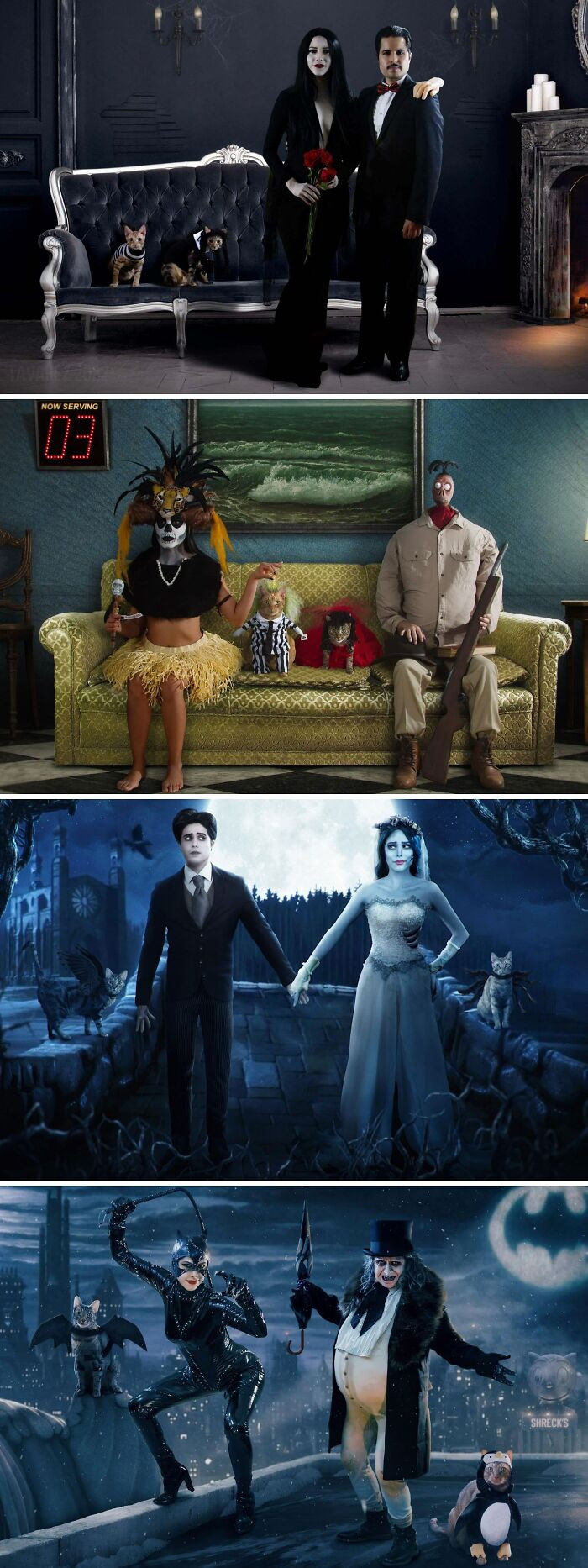 7. Every Halloween My Fiancé And I Dress Up And Create A Movie Themed Poster With Our Cats