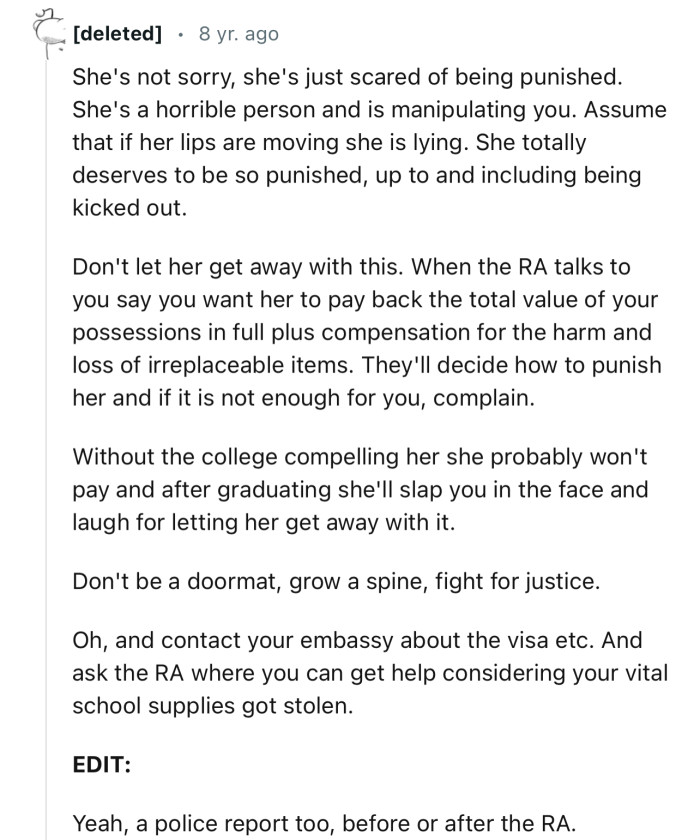 “She's not sorry, she's just scared of being punished.”