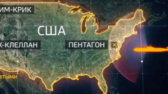 Screenshot of Russian state TV map marking potential U.S. nuclear targets