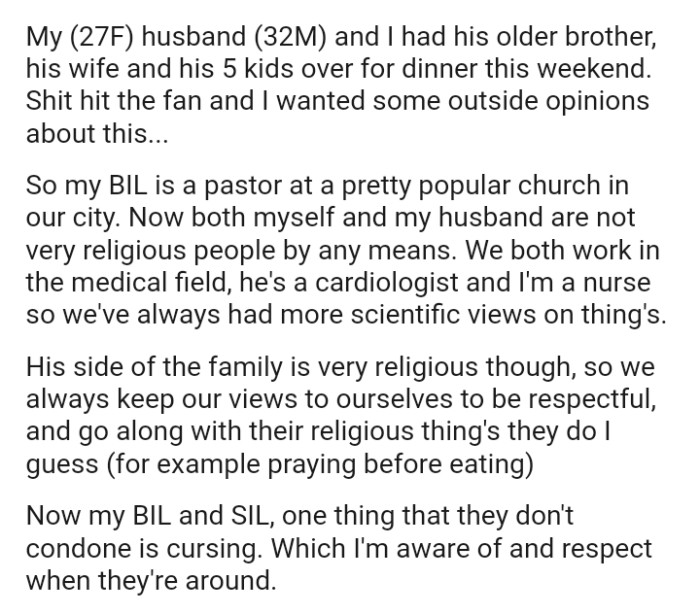 Both the OP and her husband are not very religious people by any means
