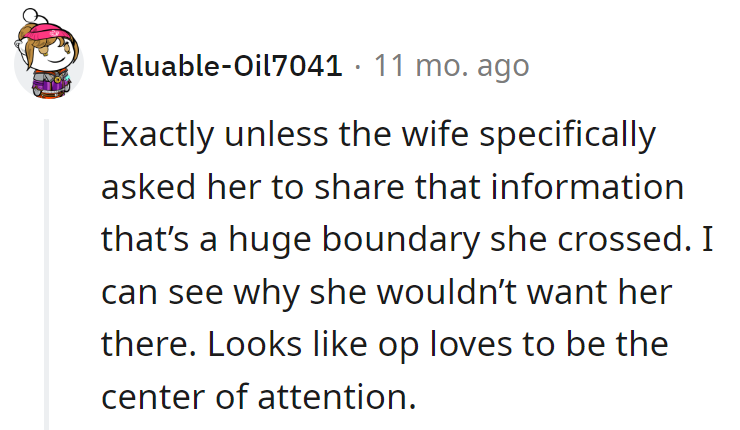 Unless the wife ordered a health bulletin, a massive boundary was crossed.