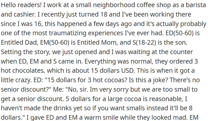 OP is a barista at a small neighborhood coffee shop
