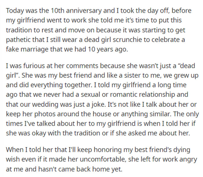 He then goes on to say that his current girlfriend suddenly has an issue and provides details on what she said about him continuing this tradition.