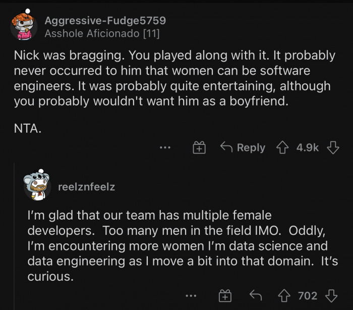 It was shocking to him that a woman could be a software engineer.
