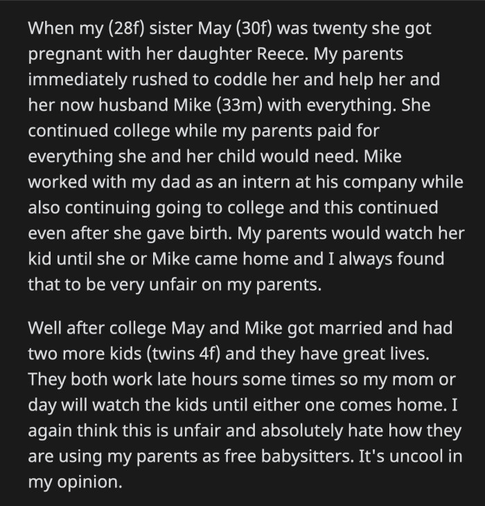 May called everyone she knew, but they were unavailable. May was near tears when she begged OP to babysit.