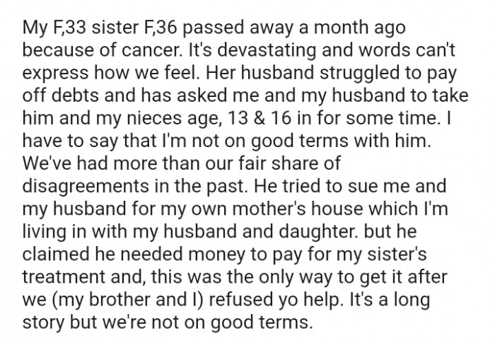 Her husband asked me and my husband to take him and my nieces