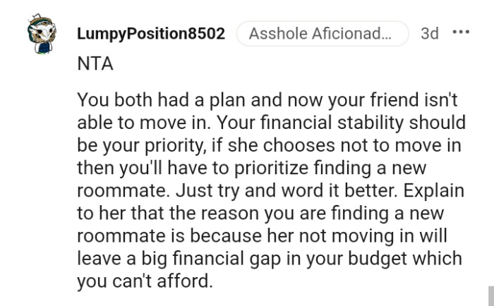 The OP's financial stability should be her first priority