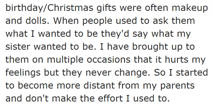 Because of favoritism, the OP became distant from her parents.