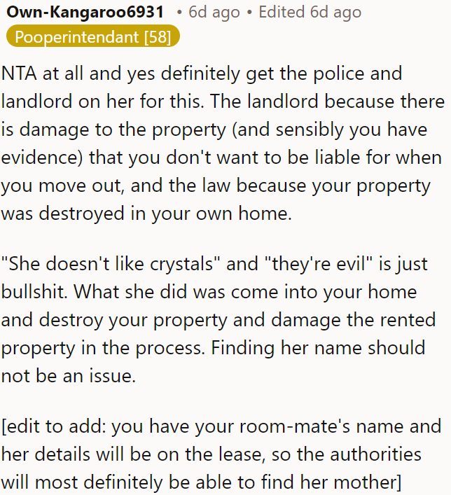 OP should report the incident to the police and her landlord to avoid liability for the damage.