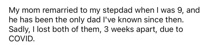 The OP explained that her parents divorced when she was six, and her mother remarried when she was nine.