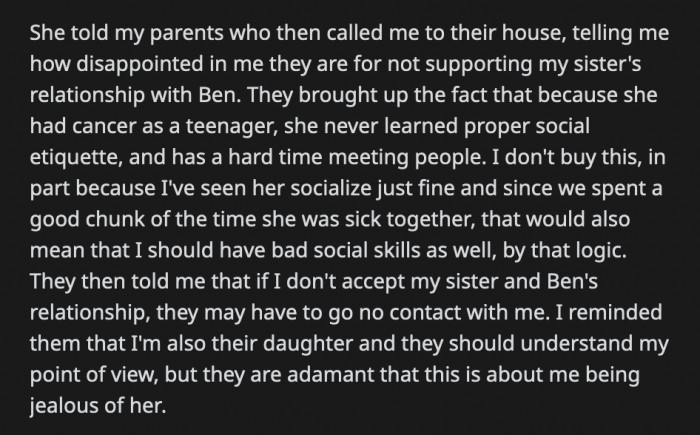 OP reminded her parents that they should also understand where she's coming from since she is also their daughter when they threatened to cut ties with her
