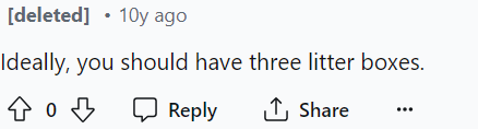 I'm not really sure why they need three litter boxes, but the fact that she only has one is clearly resonating with the people in the comments.