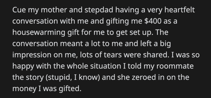 OP was so happy about being $400 richer that she told her best friend all about it.