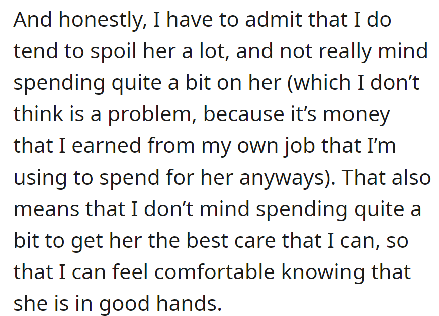 OP happily spoils Qimao using hard-earned money for her top-notch care and comfort.