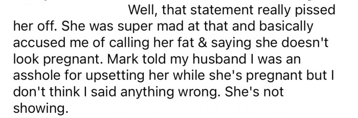 Ashley was angry and accused the OP of implying she looked fat instead of pregnant.