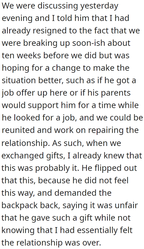 The ex became upset that the OP still kept the bag despite anticipating their breakup.