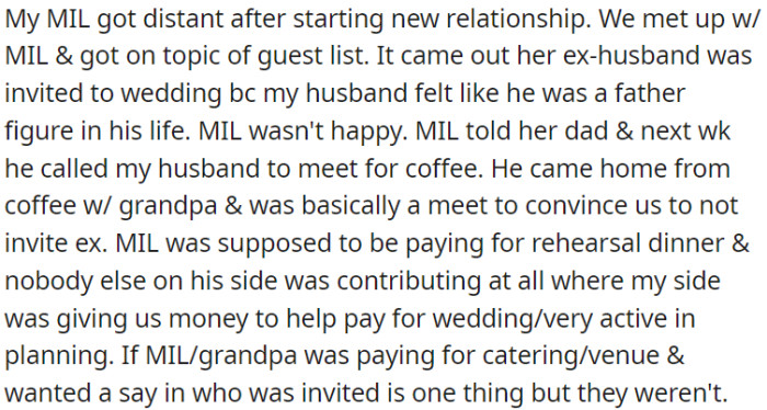 OP's mother-in-law got upset because her ex-husband was invited to the wedding