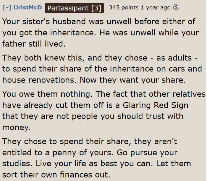 If the older sister had saved her money, she wouldn't be having problems now.