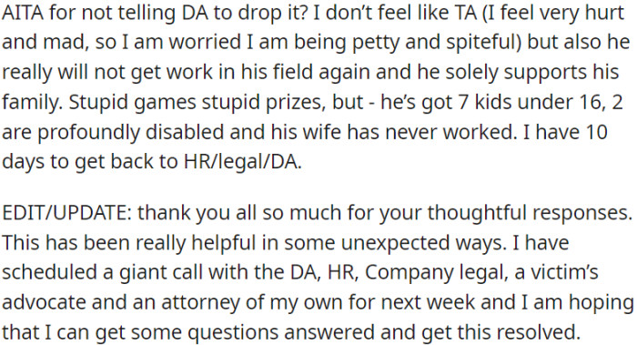 DA's actions may jeopardize OP's colleague's career and his role as the sole supporter of his large family, including two profoundly disabled kids and a non-working wife