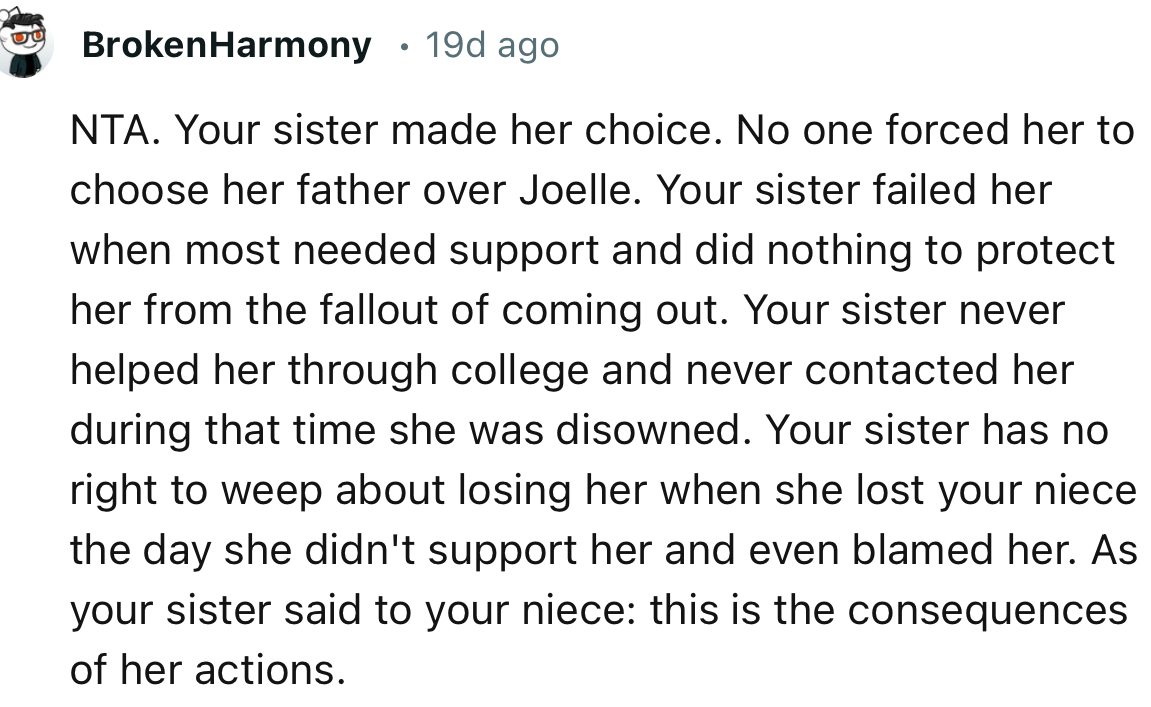 “Your sister failed Joelle when she most needed support and did nothing to protect her from the fallout of coming out.”