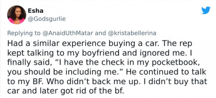 30. She didn't buy the car AND dumped the useless boyfriend