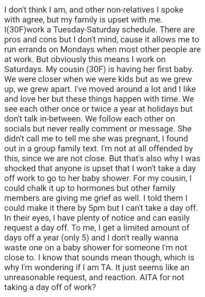 OP doesn't really want to waste a day off on a baby shower for someone she's not close to