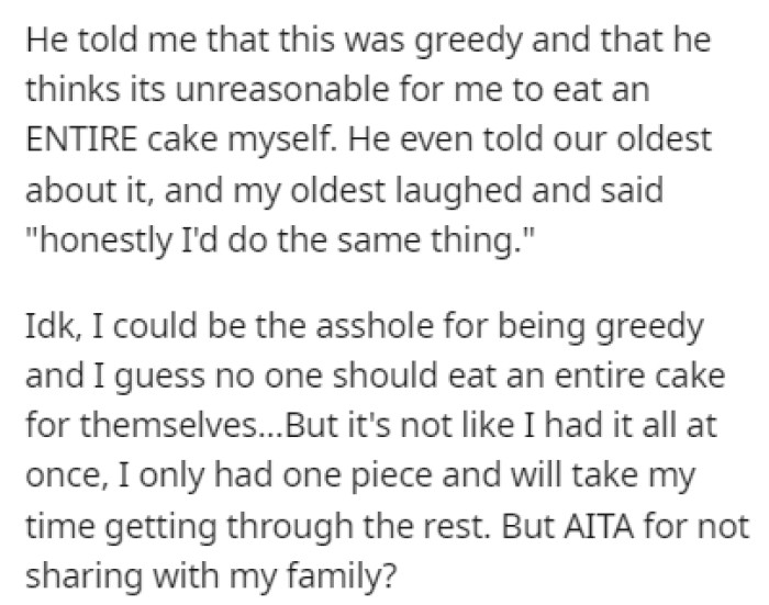 The Husband Accused OP of Being Greedy for Wanting to Eat the Entire Cake by Herself