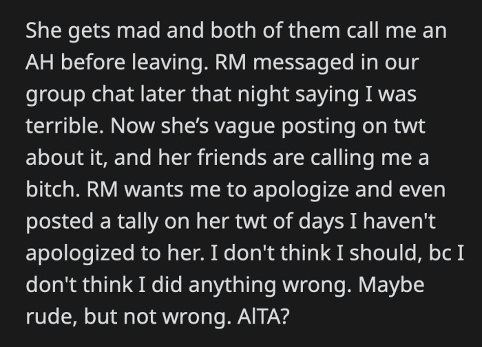 Her roommate posted on Twitter about what happened, and her followers are calling OP out. She has a running tally to count the days that OP has refused to apologize.