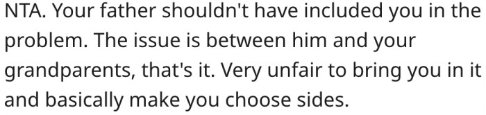 4. It's unfair that her father is making her choose sides.