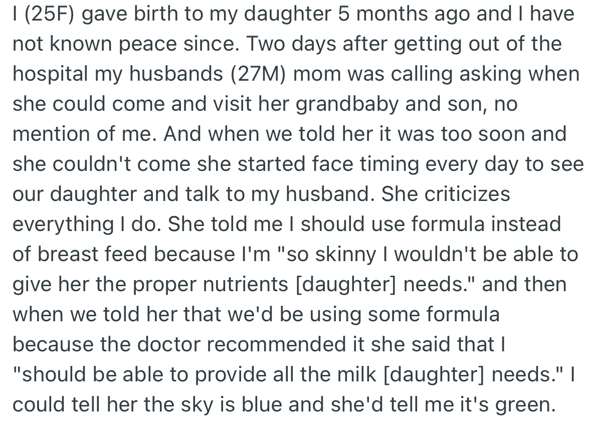 Since giving birth, OP has had no peace from her mother-in-law. In her MIL’s eyes, everything OP did was wrong, and she criticized her constantly.