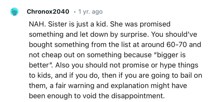 “NAH. Sister is just a kid. She was promised something and let down by surprise.”