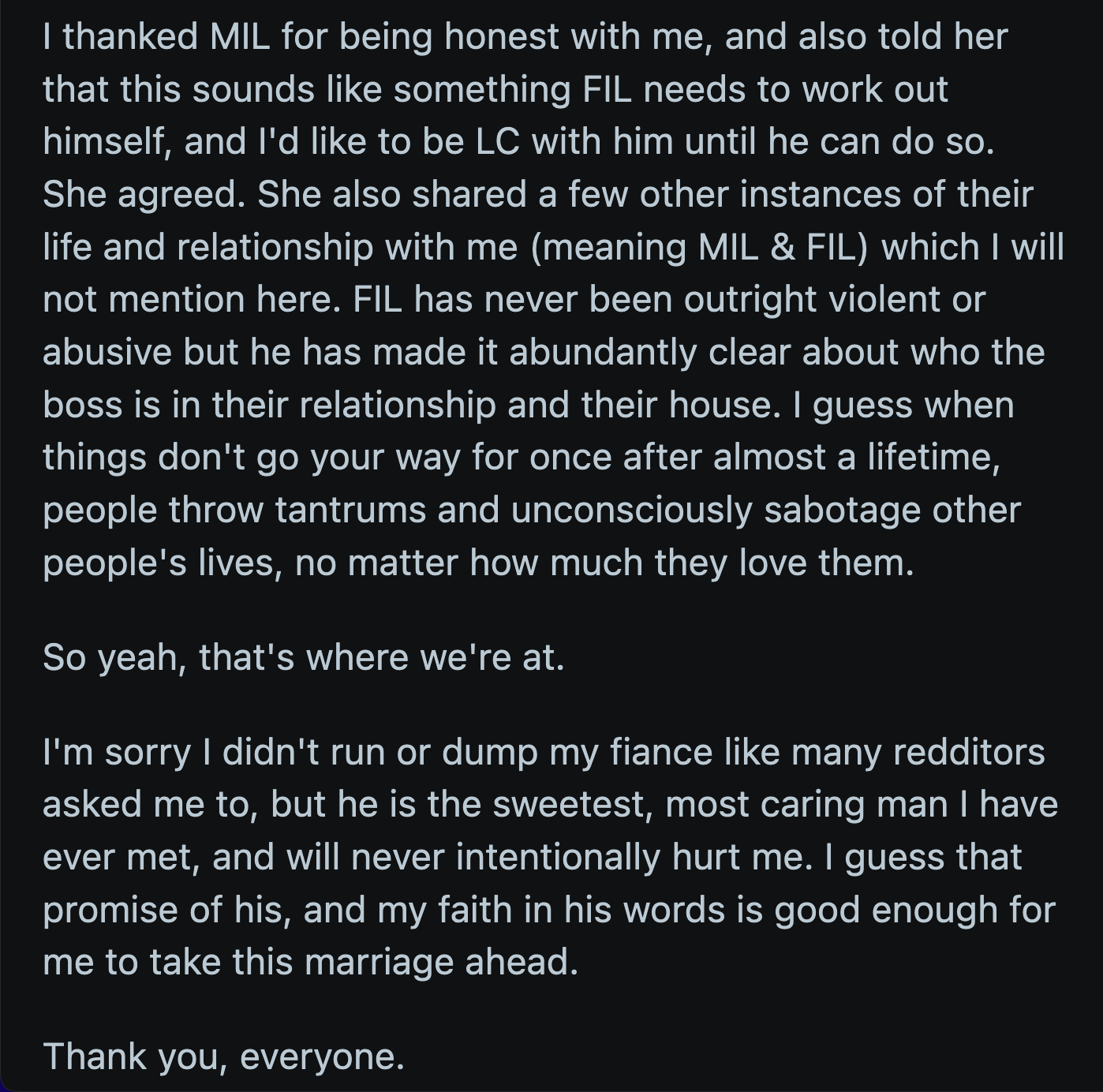 OP is going through with the engagement. She and her mother-in-law agreed it was best if she distanced herself from her father-in-law while he worked on his issues.