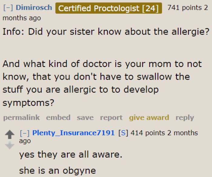 The OP mentions that the sister and mom are aware of the baby's allergy.
