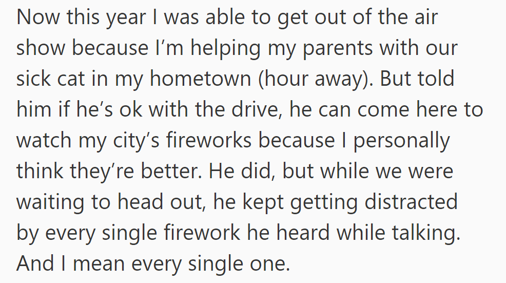 She invited her boyfriend to watch fireworks, but he got distracted by every single one while they waited.