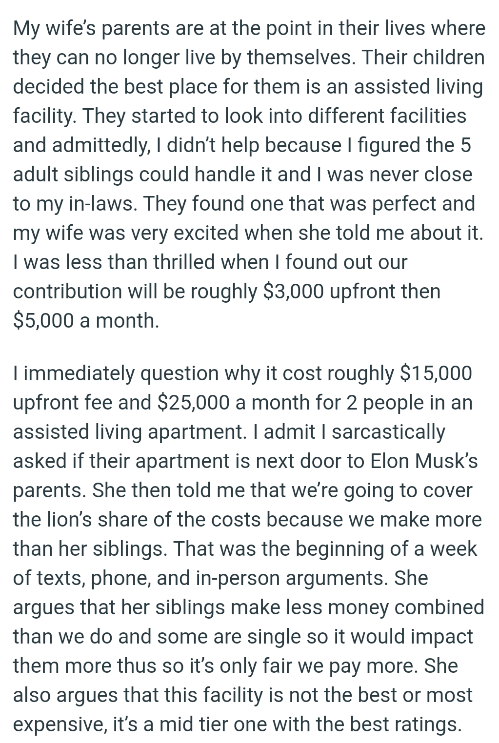 OP didn’t help because he figured the five adult siblings could handle it, and he was also never close to his in-laws