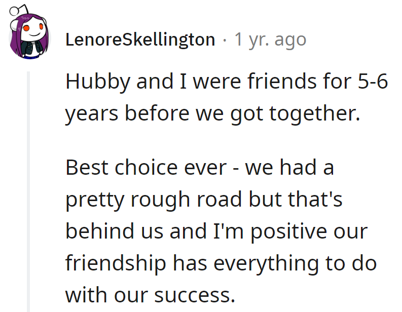 Friends for years, now happily hitched. The road had bumps, but friendship fueled the success.