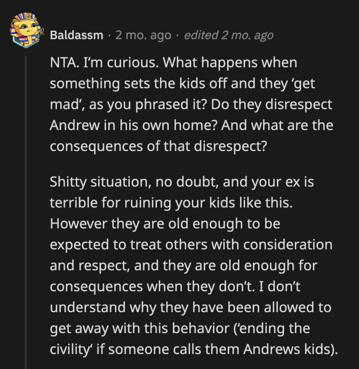 Before learning how to handle their complicated situation through therapy, OP punished her kids for disrespecting Andrew.
