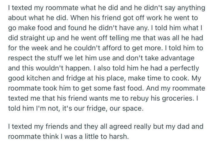 OP's roommate has deemed his reaction harsh and has requested that he replace the groceries