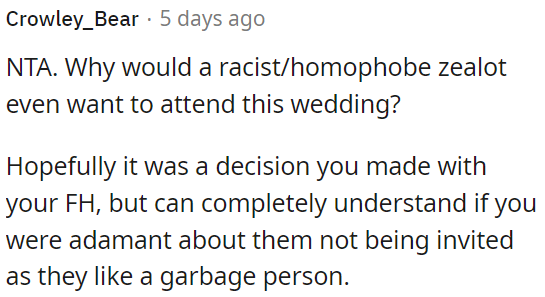 If OP and her fiancé agreed on not inviting them, that would be great.