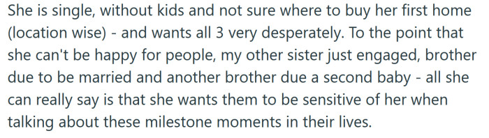 She finds it difficult to be happy for other people and their milestones.