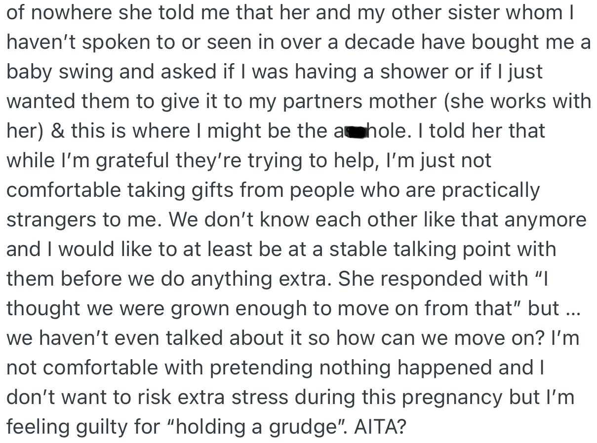 Recently, OP’s Sisters, Including the One She Fell Out with Years Ago, Got Her a Baby Gift. While OP Was Grateful for the Gesture, She Rejected the Gift, Citing That There Was a Pending Issue Yet to Be Resolved