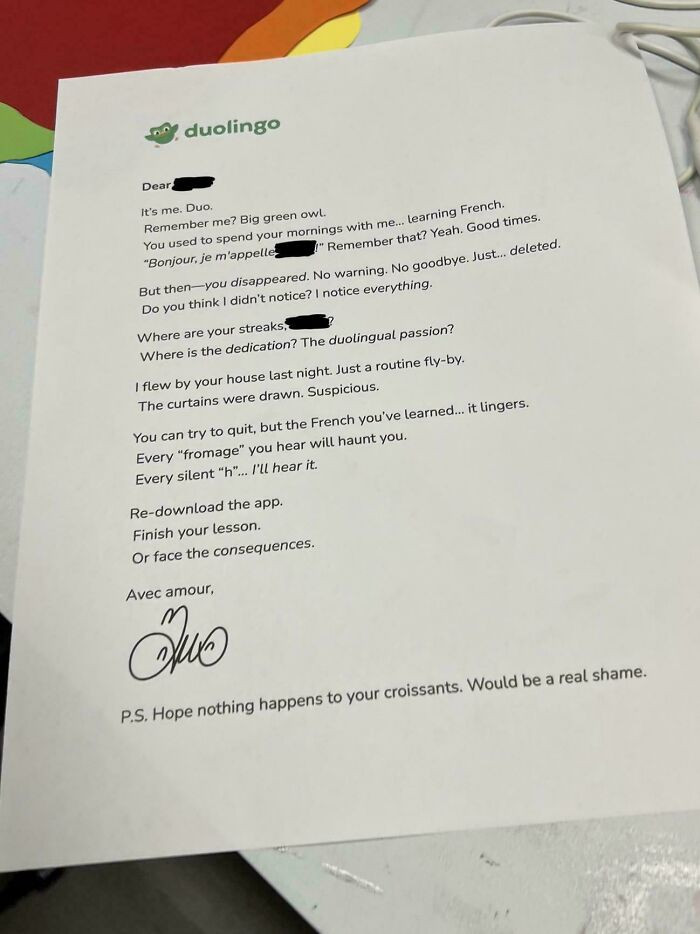 "Hope I chose the right flair for this. A friend recently deleted Duolingo, but I'm not going to let our friend streak go so easily. Sending them this letter."