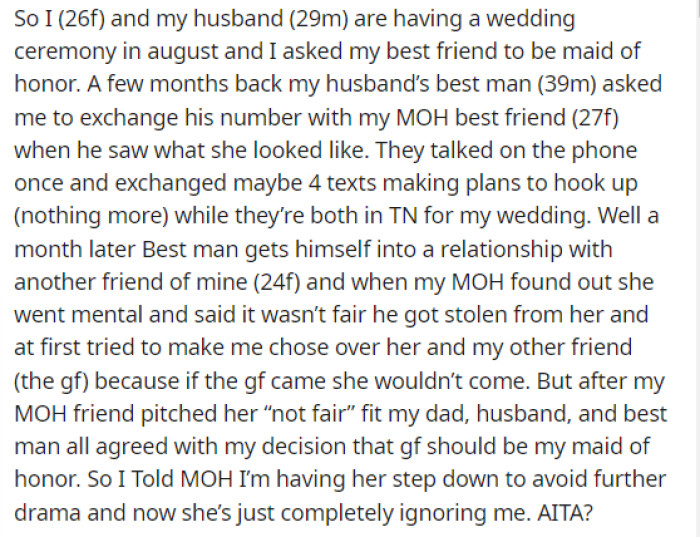 OP begins to explain the situation and what's going on with her best friend and their best man.