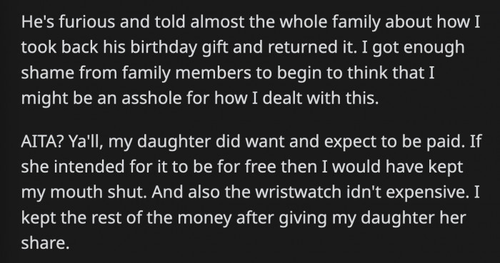 OP wants to know if she's really at fault when she only tried to stand up for her daughter, who expressed her desire to be paid for the cake she made