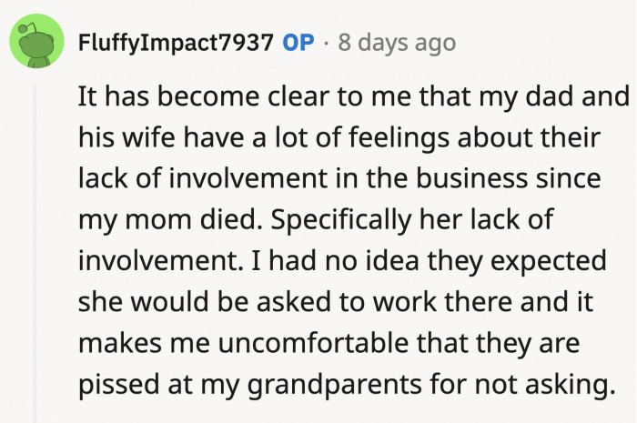 It's actually insensitive that they expected to be heavily involved in the running of the business.