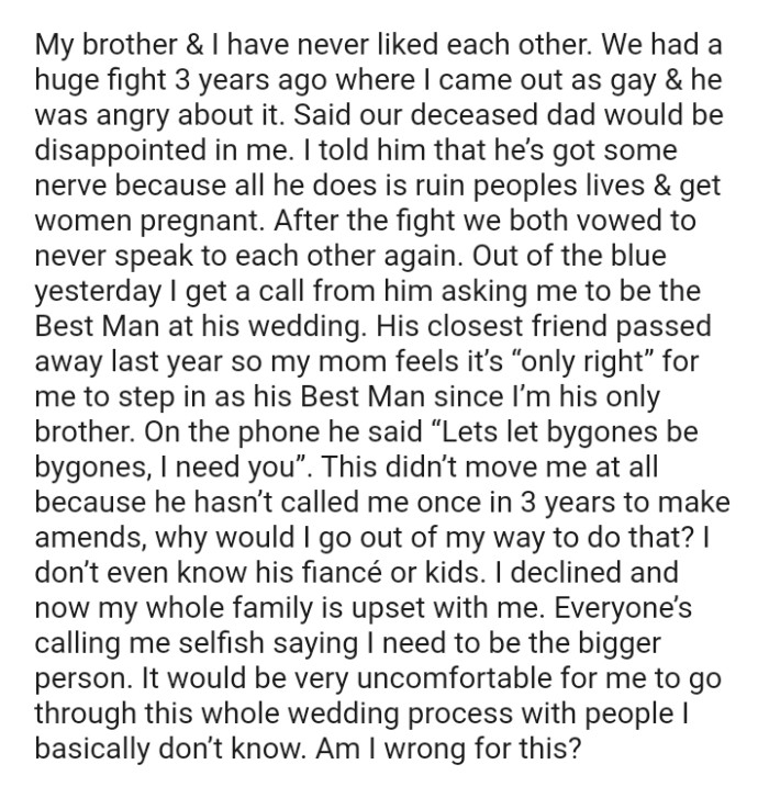 The OP and the brother had a fight and vowed never to speak to each other again
