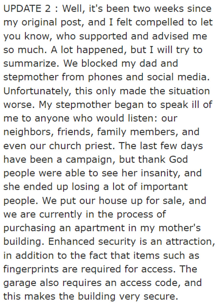 The OP decided to go no-contact with her dad and stepmom.